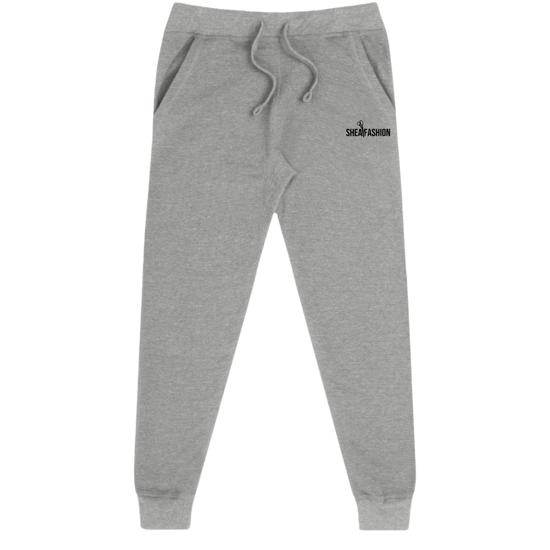Gray sweatpants with a brand logo on a white background